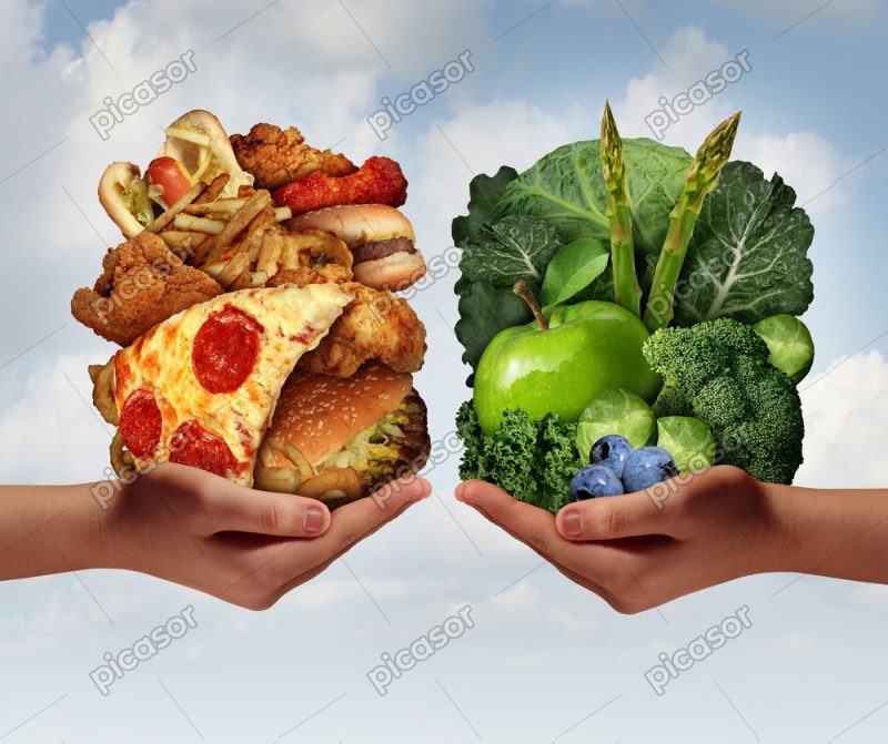 عکس دست با غذاهای سالم و ناسالم - عکس پس زمینه رژیم غذایی سالم و ناسالم