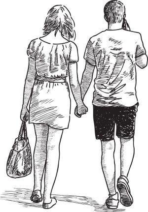 وکتور نقاشی دختر پسر از پشت سر دست در دست هم طرح اسکچ - وکتور زوج عاشق در حال پیاده روی