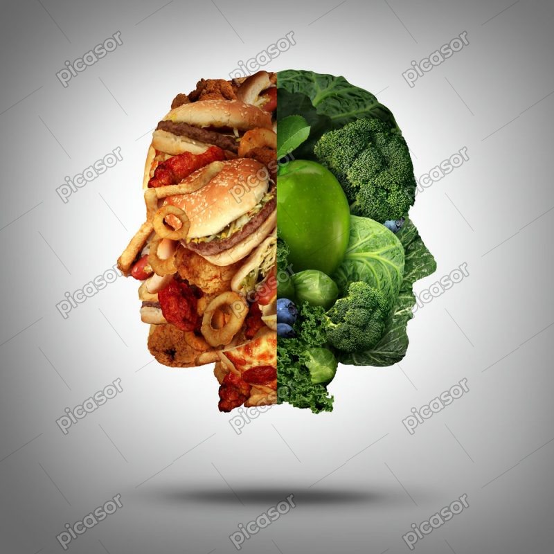 عکس سر انسان با غذاهای سالم و ناسالم فست فود