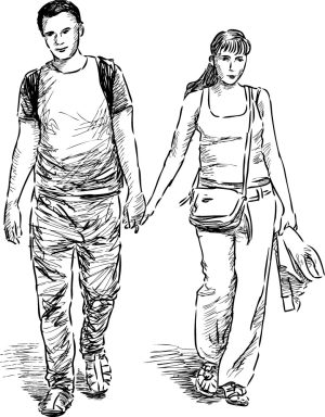 وکتور نقاشی دختر و پسر دست در دست هم طرح اسکچ - وکتور زوج عاشق در حال پیاده روی