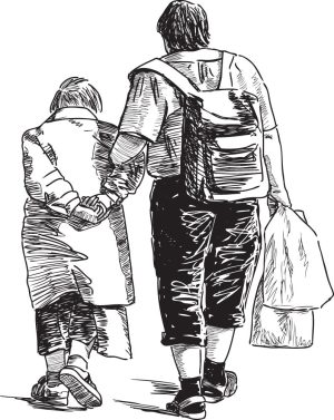 وکتور نقاشی مرد با مادر پیر از پشت سر دست در دست هم طرح اسکچ