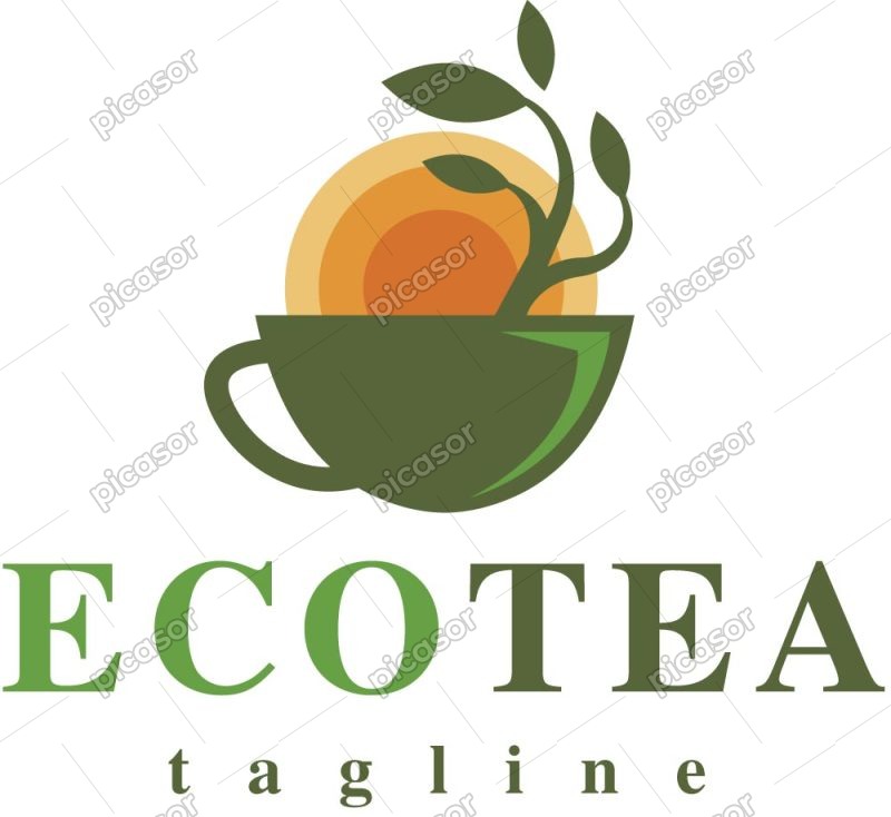 وکتور لوگو فنجان چای سبز با شاخه درخت