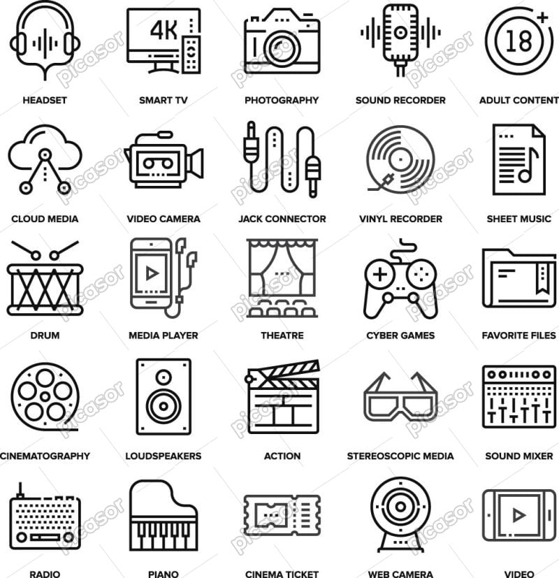 25 وکتور آیکون سرگرمی مدیا سینما موسیقی