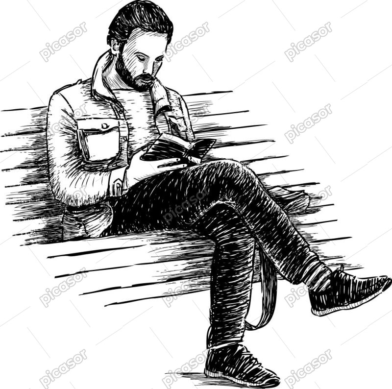 وکتور نقاشی مرد روی نیمکت در حال مطالعه کتاب - وکتور مرد در حال مطالعه در پارک سبک نقاشی اسکچ