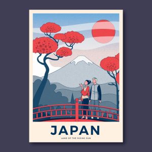 وکتور پوستر مرد و زن ژاپنی روی پل با پس زمینه کوه فوجی - وکتور پوستر ژاپن