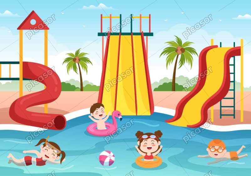 وکتور شنا کردن کودکان در استخر - وکتور بچه های شاد در استخر