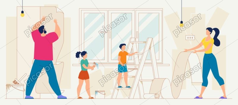 وکتور خانواده در حال رنگ کردن خانه