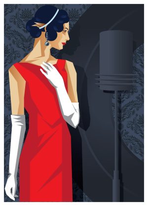 وکتور پوستر زن با لباس قرمز پوستر فشن طرح وینتیج
