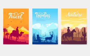 3 وکتور پوستر گردشگری در طبیعت با زمینه اسب سوار اسکیمو و صحرا