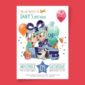 وکتور پوستر جشن تولد با سگ و گربه کارتونی طرح کودکانه