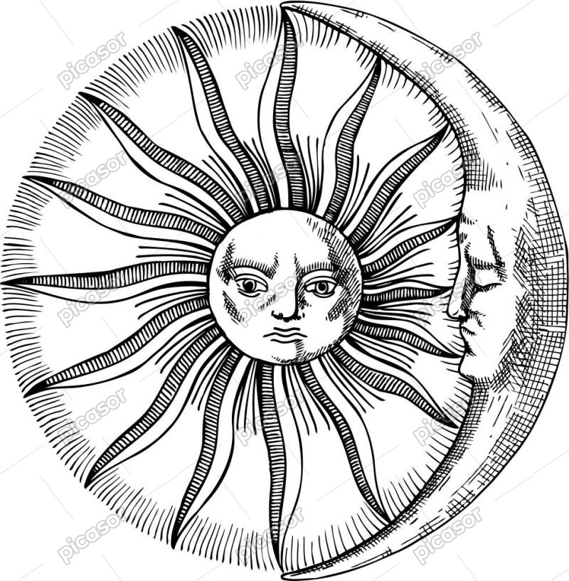 وکتور تصویرسازی ماه و خورشید با صورت - وکتور خورشید با ماه