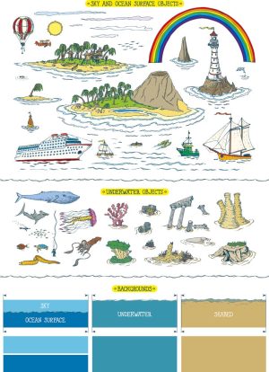 30 وکتور نقاشی جزیره و کشتی و بالون فانوس دریایی و دنیای زیر آب طرح نقاشی وینتیج