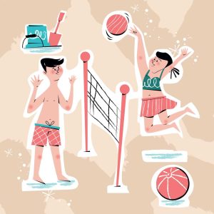 وکتور کارتونی والیبال ساحلی با پسر و دختر