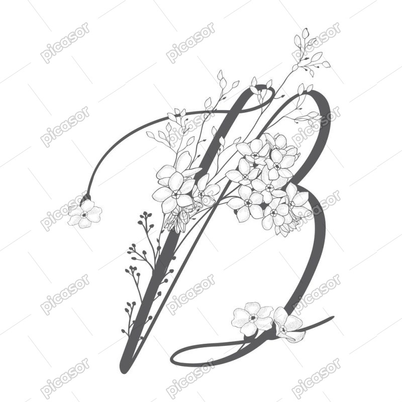 وکتور حرف B با گلهای مینیمال - وکتور لوگو B با شاخه گلهای ظریف