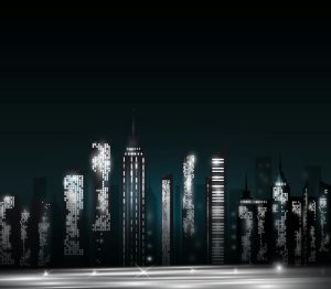 وکتور شهر در شب با ساختمانهای روشن - وکتور ساختمانهای بلند شهر در شب