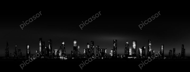 وکتور نمای شهر در شب با ساختمانهای روشن - وکتور ساختمانهای بلند شهر در شب