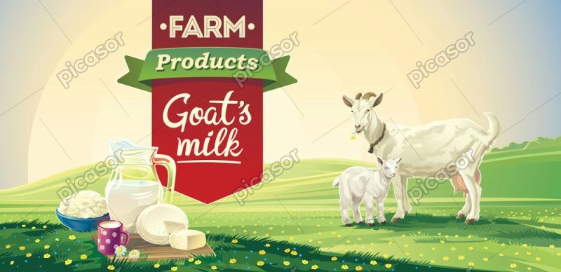وکتور پس زمینه محصولات لبنی شیر بز، ماست،پنیر و کره با چشم انداز مزرعه روستایی با بز و بزغاله