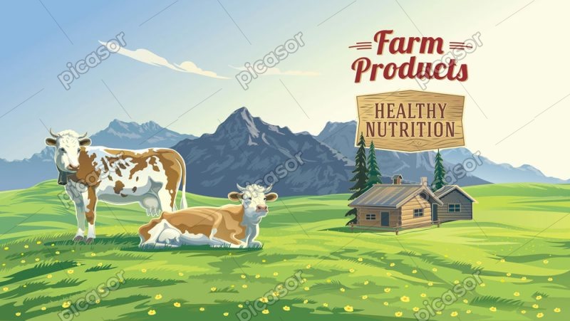 وکتور پس زمینه گاوداری و لبنیات و گاو ها در مزرعه محصولات لبنی شیر، ماست ،پنیر و کره و گوشت گاو