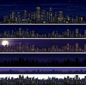 6 وکتور پانوراما از شهر در شب - وکتور ساختمانهای بلند شهر در شب