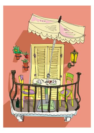 وکتور تراس با میز و صندلی در بالکن طرح نقاشی کارتونی