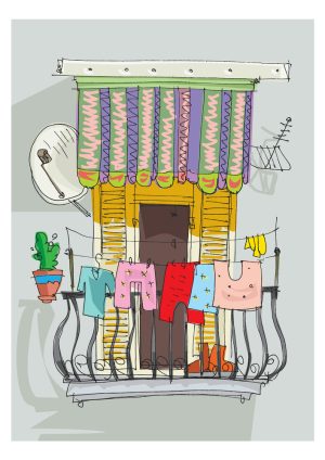 وکتور تراس با بند رخت لباس در بالکن طرح کارتونی