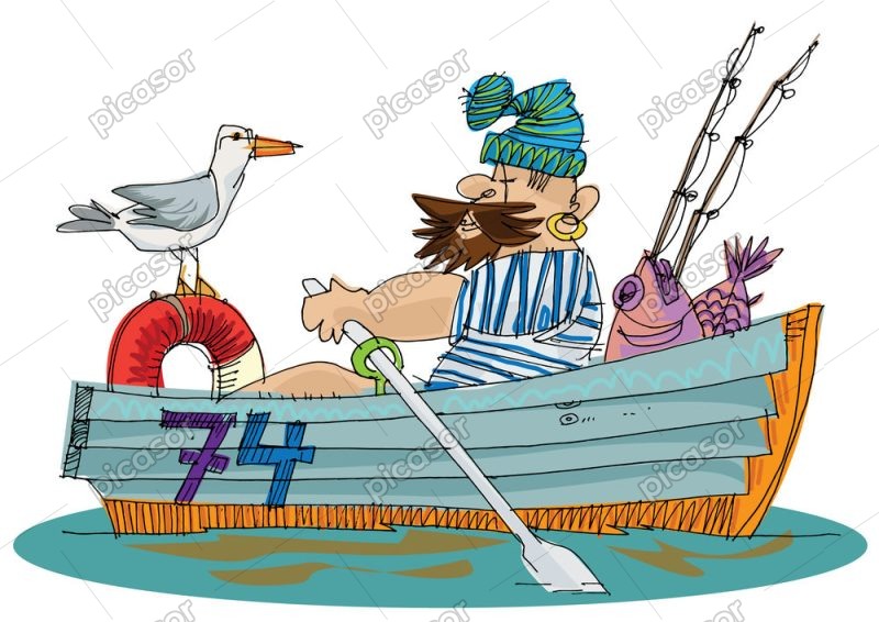 وکتور کارتونی مرد ماهیگیر در قایق سبک نقاشی کودکانه