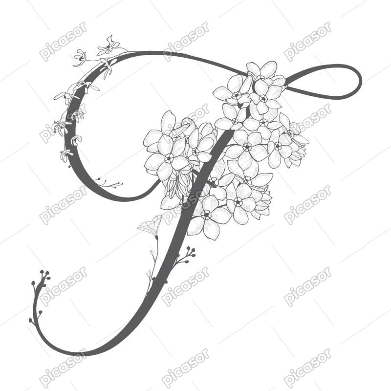 وکتور حرف F با گلهای ظریف - وکتور لوگو F با شاخه گل