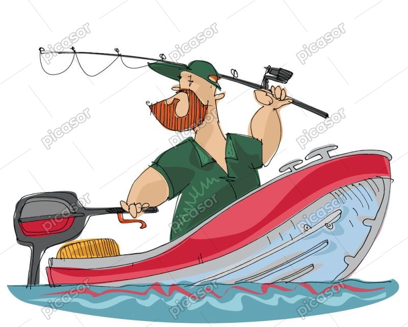 وکتور مرد ماهیگیر در قایق سبک کارتونی نقاشی کودکانه