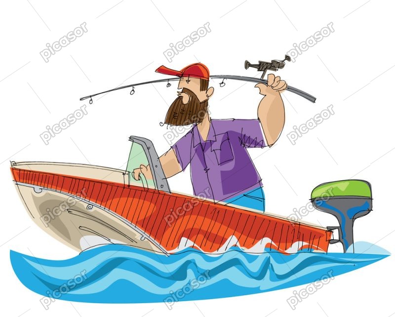 وکتور ماهیگیر در قایق سبک کارتونی نقاشی کودکانه