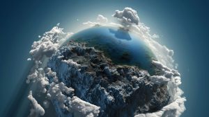 عکس زمین از فضا با کوهستان و اقیانوس و ابر طرح رندرینگ