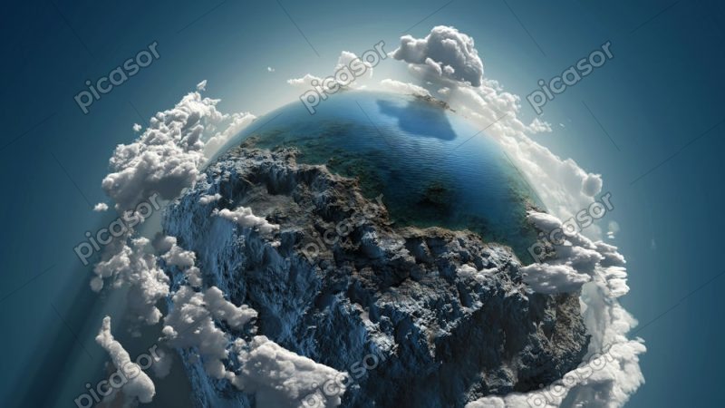 عکس زمین از فضا با کوهستان و اقیانوس و ابر طرح رندرینگ