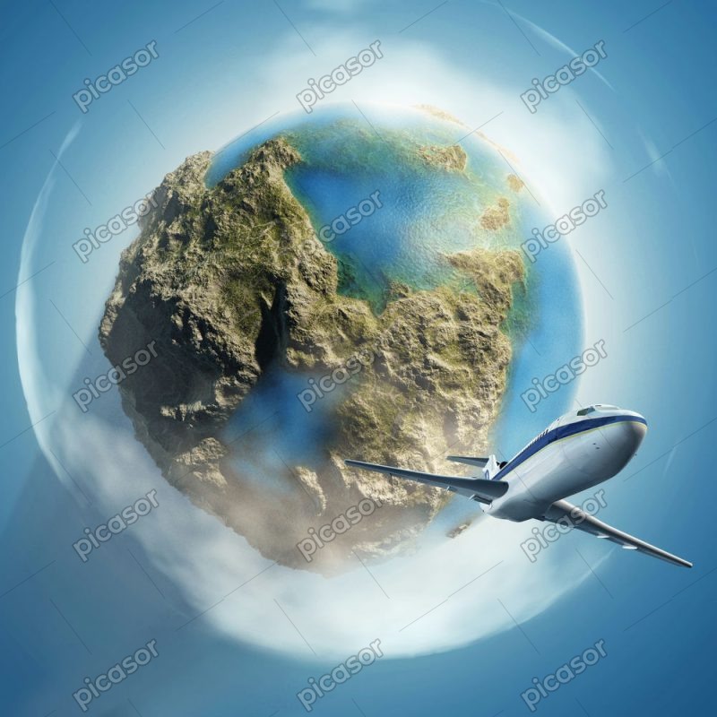 عکس زمین از فضا با هواپیما و کوهستان و ابر - عکس رندرینگ سفر به فضا باکره زمین از فضا