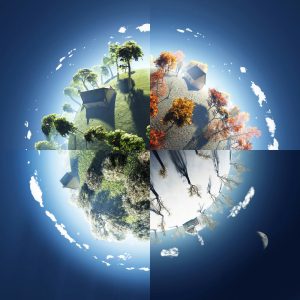 عکس کره زمین با چهار فصل از فضا با خانه و درخت - عکس رندرینگ زمین از فضا