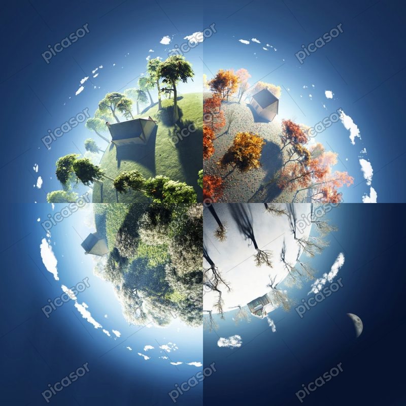 عکس کره زمین با چهار فصل از فضا با خانه و درخت - عکس رندرینگ زمین از فضا