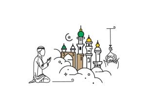 وکتور حج و نماز خواندن در کعبه - وکتور نمازگزار با اماکن مقدس و نماز خواندن طرح مینیمال