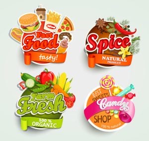 4 وکتور لیبل سبزیجات فست فود آبنبات و شکلات - وکتور لیبل شیرینی و ادویه