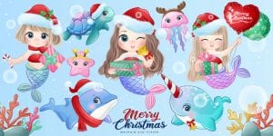 8 وکتور پری دریایی با حیوانات دریایی - وکتور پری دریایی با دلفین و عروس دریایی کارتونی