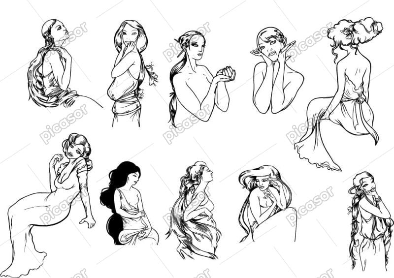 10 وکتور نقاشی زن با خط - وکتور زنان قدیمی