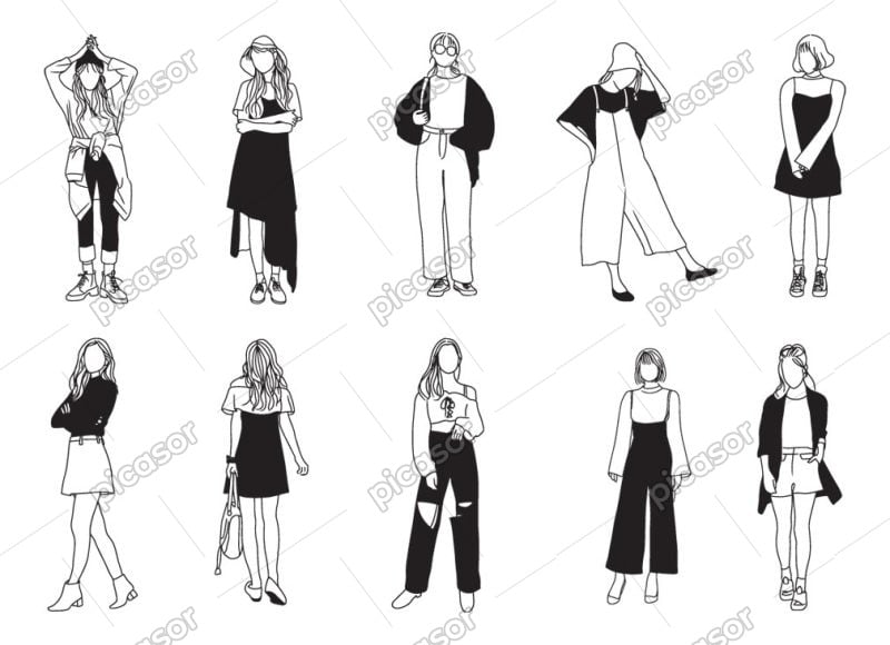 10 وکتور دختر جوان با استایل فشن دخترانه - وکتور نقاشی دختران فشن