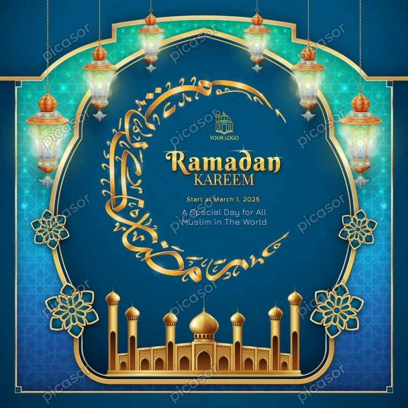 وکتور زمینه مذهبی با قاب ماه رمضان و ماه منقش اسلامی