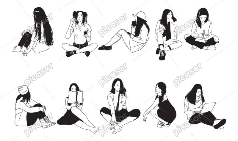 10 وکتور دختر نشسته روی زمین - وکتور دختر فشن سبک نقاشی ساده