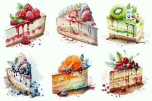 6 وکتور نقاشی چیزکیک میوه ای آبرنگی - وکتور کیک و شیرینی