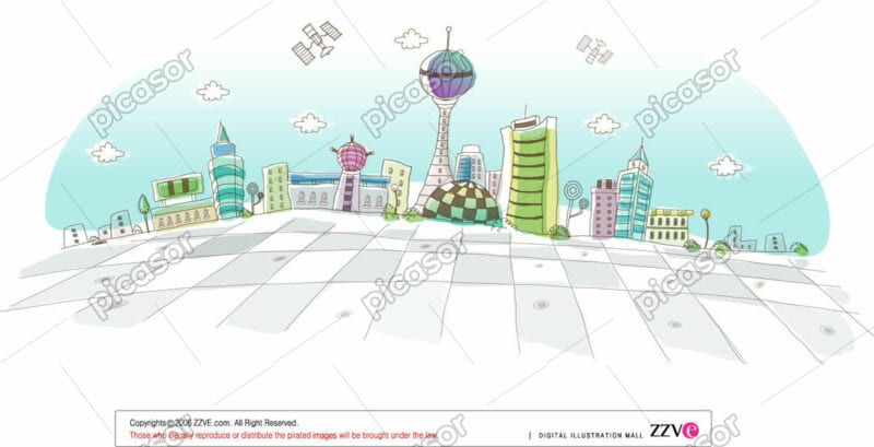 وکتور شهر آینده فانتزی کارتونی طرح نقاشی کودکانه - وکتور نقاشی شهر علمی تخیلی