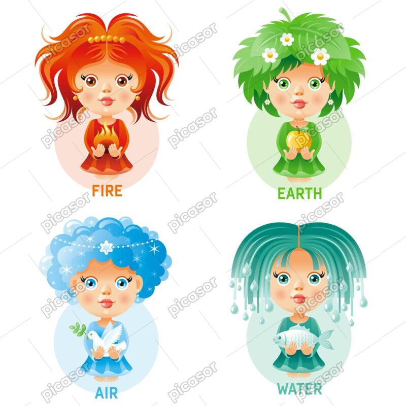 4 وکتور چهار عنصر طالع بینی با زن کارتونی - وکتور کارتونی زن شکل آب باد خاک آتش