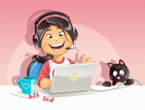 وکتور کارتونی دختر بچه با لپتاپ و گربه