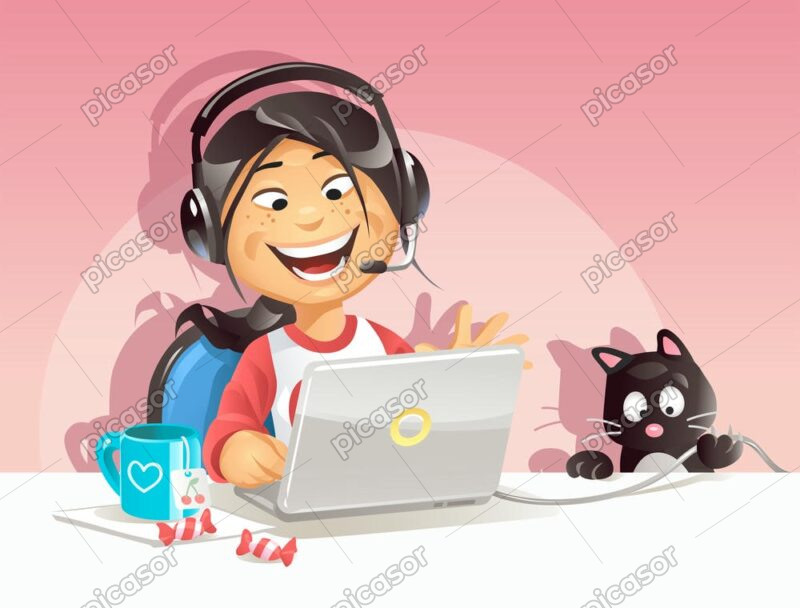 وکتور کارتونی دختر بچه با لپتاپ و گربه
