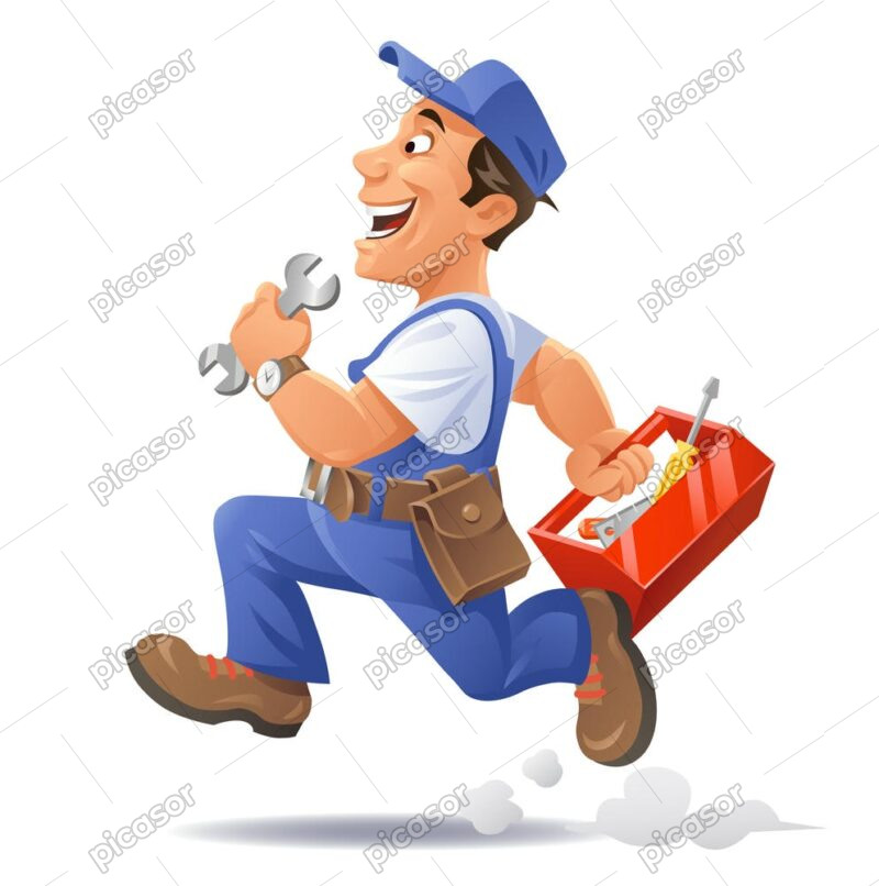 وکتور کارتونی تعمیرکار با جعبه آچار
