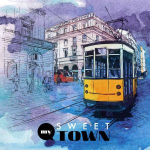 وکتور نقاشی آبرنگ از تراموا در شهر قدیمی و خیابان و ساختمان های سبک وینتیج