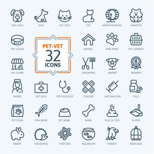 32 وکتور آیکون دامپزشکی پت شاپ و حیوانات - وکتور آیکون سگ گربه سرنگ خرگوش مدال تنگ ماهی استخوان ماهی