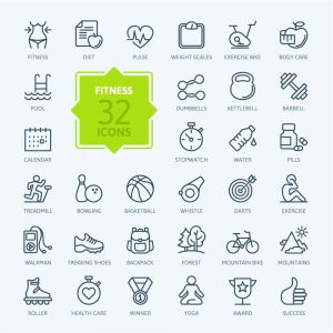 32 وکتور آیکون نمادهای تناسب اندام و سلامت و باشگاه فیتنس